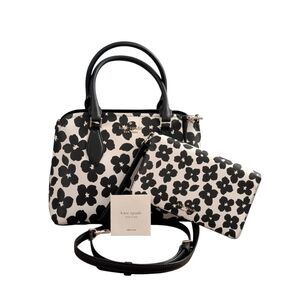 Kate Spade New York SET Darcy Graphic navy blue Blooms Satchel bag & Lg Wristlet